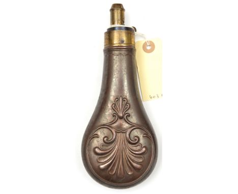 A copper powder flask “Shell &amp; Bush” (Riling 372) common brass top, graduated nozzle 2¼-3 “Drams”, by “G &amp; J W Hawksl