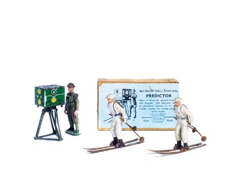 2 rare Britains German Army Ski Troops. Both on skis, both with poles, but one with rifle missing. Together with an Anti-Airc