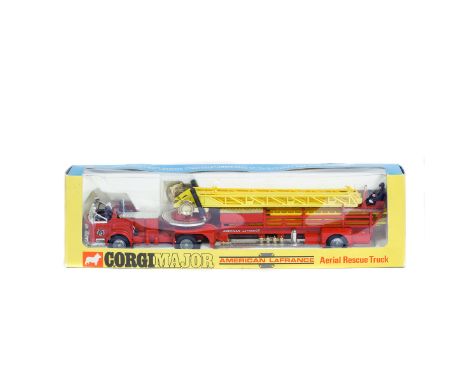 Corgi Major American LaFrance Aerial Rescue Truck (1143). A scarce 1st issue in red with yellow ladder, silver decking, compl