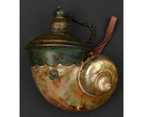 A decorative Indian powder flask. Made from a turbo shell, 14cms, large stepped copper top with cylindrical spout with chaine