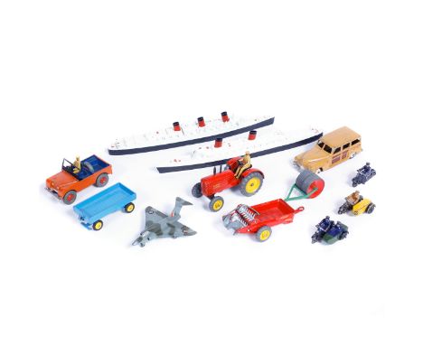 A quantity of Dinky Toys etc. Including; Massey Harris Tractor, farm trailer, wheel barrow, hand cart, disc harrow, roller, m