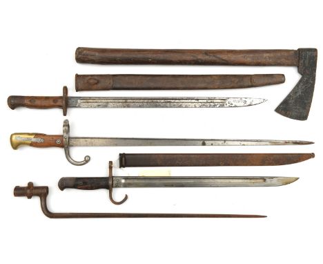 A Gras bayonet, d 1876 (no scabbard); a P1907 bayonet, ordnance stamps at forte, in scabbard; an Arisaka 30 bayonet, hooked q