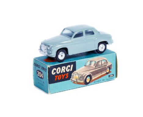 Corgi Toys Rover 90 Saloon (204). An example in light grey smooth wheels and black rubber tyres. Boxed, early all blue exampl