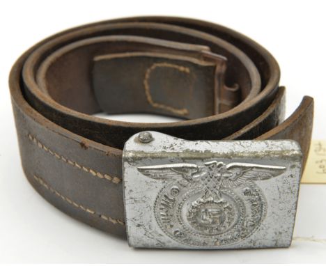 A Third Reich Waffen SS leather belt, with silver painted steel buckle. GC (light service wear to belt). 