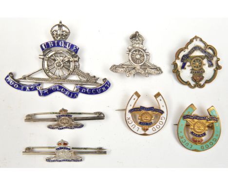 5 R Artillery sweetheart brooches:  “Silver” cap size, enamelled scrolls, set with a few brilliants; small silver HM B’ham 19