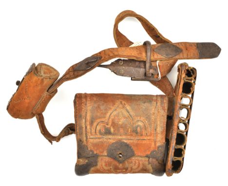An interesting 19th century Afghan belt and 3 pouches, of brown cloth covered leather, “church window” embroidered panelled p