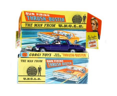 A scarce Corgi Toys The Man From U.N.C.L.E. Oldsmobile Super 88 (497). In metallic blue with yellow interior and blue windows