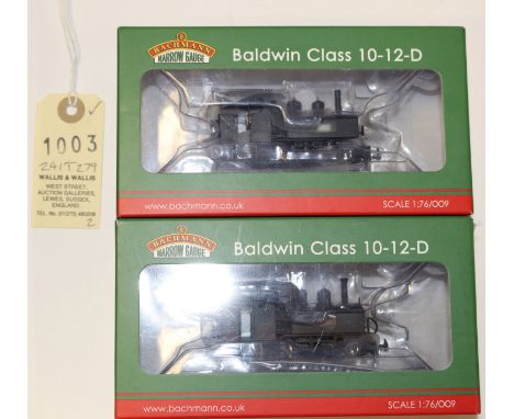 2 Bachmann Narrow Gauge OO9 gauge Baldwin Class 10-12-D 2-2-6-0T locomotives. A Welsh Highland Railway example in unlined bla