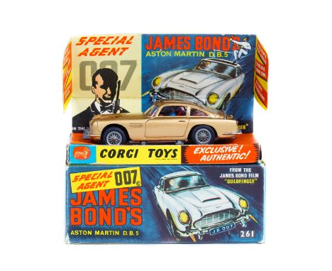 Corgi Toys James Bond 'Goldfinger' Aston Martin D.B.5 (261). In metallic gold with red interior, with spoked wheels and black