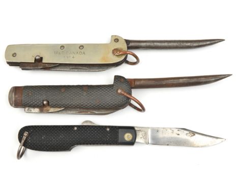 A WWI clasp knife, blade, marked “Thomas Turner &amp; Co Sheffield”, tin opener and spike, WM grips marked “M &amp; D Canada 
