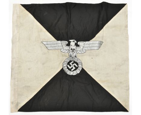 A double sided banner,  heavily silver bullion embroidered with eagle and swastika on black and white background, 33” x 36”. 