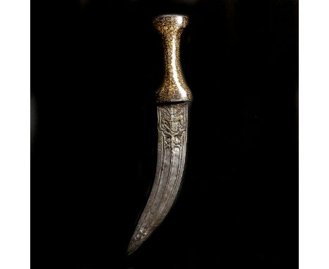 An Indian dagger jambiya. Late 19th century, curved DE blade 17cms chiselled with Hinu divinities at forte with traces of gol