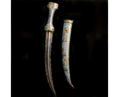 An Ottoman Turkish dagger jambiya. 19th century, curved DE wavy blade 31cms, with raised central rib, gold damascened at fort
