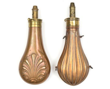 A copper powder flask “Fluted”, with 4 rings (similar Riling 296) Sykes patent brass top, 4 position graduated nozzle marked 