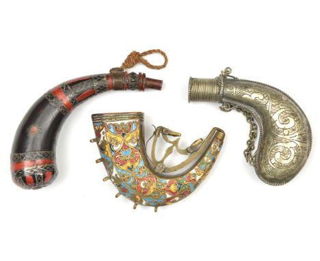 3 small assorted priming flasks. Comprising an Assam Naga horn 12cms with geometric pewter inlay and red painted bands; a bra