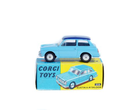 Corgi Toys Austin A40 Saloon (216). In light blue with dark blue roof, smooth spun wheels with black rubber tyres. Boxed, min