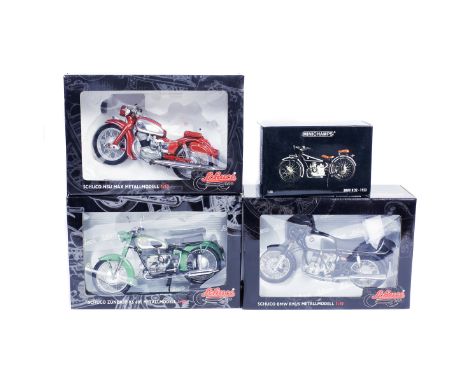 4 model motorcycles by Schuco and Minichamps. 3x Schuco 1:10 scale motorcycles; an NSU Max, a Zundapp KS 601 and a BMW R90/S.