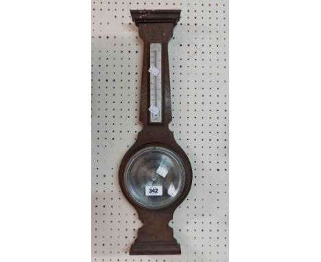 A vintage oak framed banjo wall barometer/thermometer with aneroid works