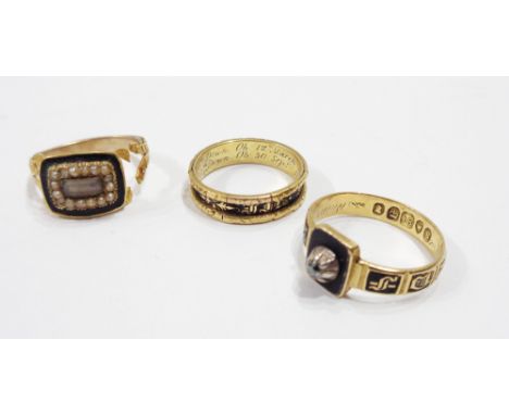 Three antique mourning rings all with black enamel detailing, comprising an 1833 18ct, gold tiny diamond ring, an 1830's 18ct