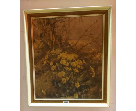 Vernon Ward: a vintage painted wood and hessian framed coloured print, depicting primroses in a natural setting