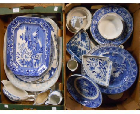 Two boxes containing a quantity of blue and white transfer printed china including Cauldon, Enoch Woods, Burleigh Ware Willow