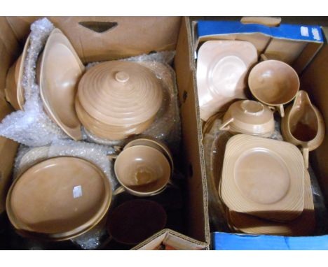 Two boxes containing a quantity of Art Deco Shorter &amp; Son dinner ware including tureens, two handled soup bowls, saucers,