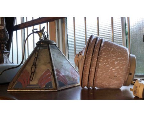 An Art Deco pink glass lampshade of ribbed form with internal enamel speckles - sold with a hanging ceiling lamp with Art Dec