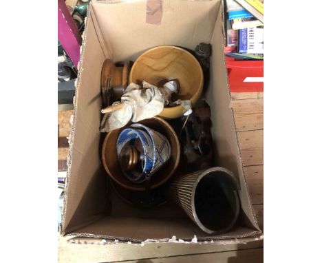 A box containing a quantity of wooden and other collectable items including bowls, carved figures, puppet, etc.