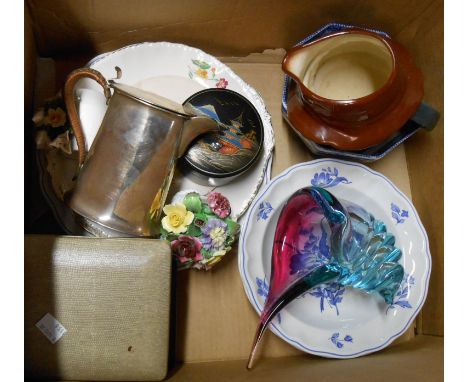 A box containing a quantity of assorted ceramic and glass items including Murano shell form vase, Dartington glass paperweigh