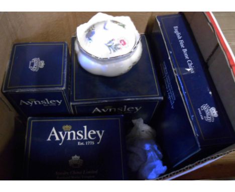 A box containing a quantity of Aynsley bone china items including candlestick, bud vase, etc. - some in original boxes