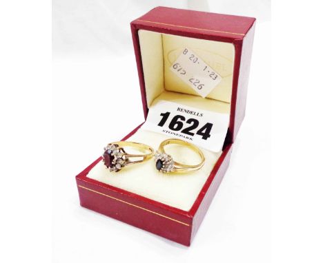 A 375 (9ct.) gold ring, set with small central oval sapphire within a diamond encrusted border - sold with another, set with 