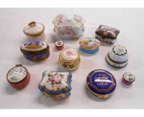 A box containing a quantity of trinket boxes including enamel and ceramic examples by Halcyon Days and other makers, etc.