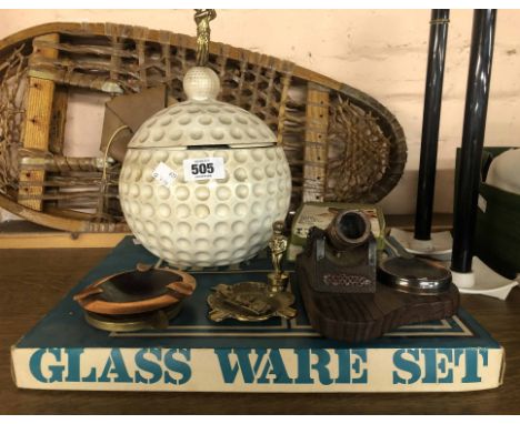 A small quantity of vintage items including golf ball form ice bucket, pair of Ronson Everlasting candles, two eight track ca