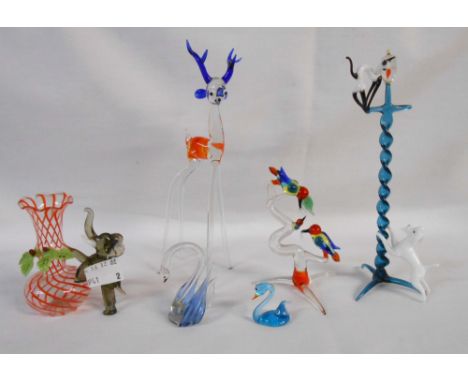 Six vintage glass lampwork animal figurines mainly by Michael Knight of Hastings including elephant vase, novelty poodle chas