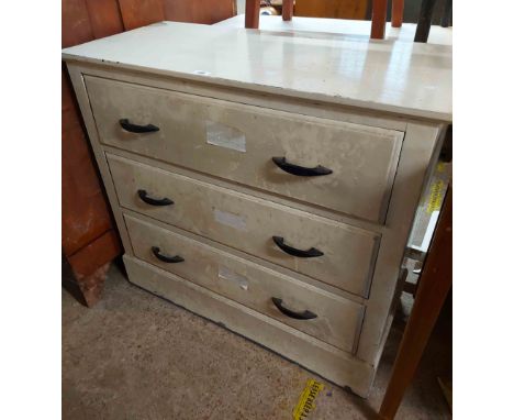 A 92cm vintage white painted wood chest of three long drawers, set on plinth base