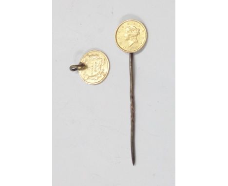 An 1857 US one dollar gold coin (drilled) - sold with an older smaller gold dollar soldered on a stick pin