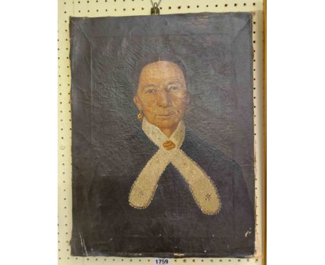 An unframed stretchered oil on canvas portrait of a 19th Century woman with lace collar