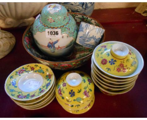 A small quantity of assorted 20th Century Chinese ceramics comprising famille rose decorated bowl, ginger jar and cover, yell
