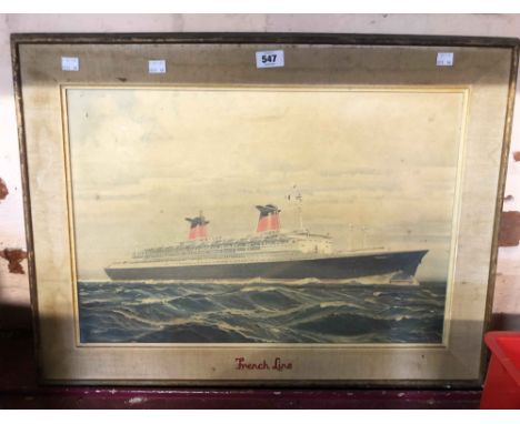 A vintage French Line framed and hessian slipped wardroom/travel agent print depicting an ocean liner