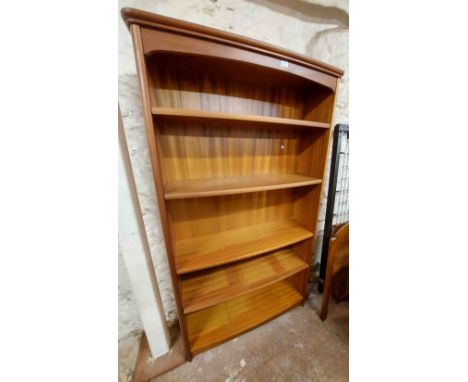 A 1.03m Nathan Furniture teak and mixed slightly bow fronted five shelf open bookcase - 1.84m high