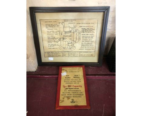 A vintage novelty pen and ink cartoon for the Potent Patent Pint Pot, a 1960's pub display weights and measures sign and a vi