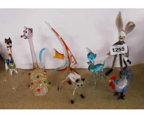 Seven vintage glass lampwork animal figurines including rabbit with walking stick, giraffe, angelfish, etc. - sold with a Chr