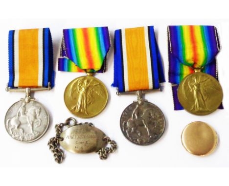 Lieut. A.W. Hartshorn: his 1st World War Victory and War medals (only named) and named insignia bracelet with initials for th