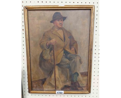 Gloria Jarvis: a gilt framed oil on board portrait of a seated gentleman wearing a hat and holding a walking stick - signed