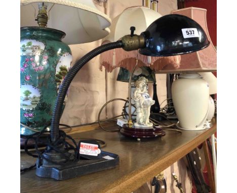 An early 20th Century American desk lamp with cast iron base, brass swan neck and painted metal shade - mark to base Rex Elec