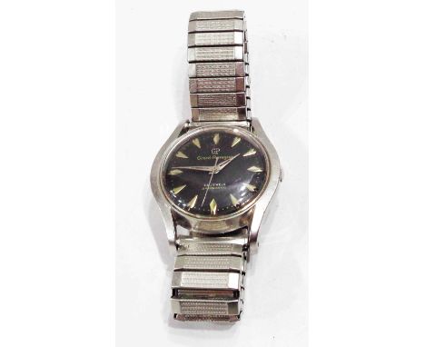 A vintage Girard Perregaux steel cased Gyromatic gentleman's wristwatch with black dial and twenty-three jewel movement, on S