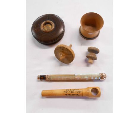 A bag containing a small quantity of collectable items including treen snuffbox with inset brass anchor panel, antique lorgne
