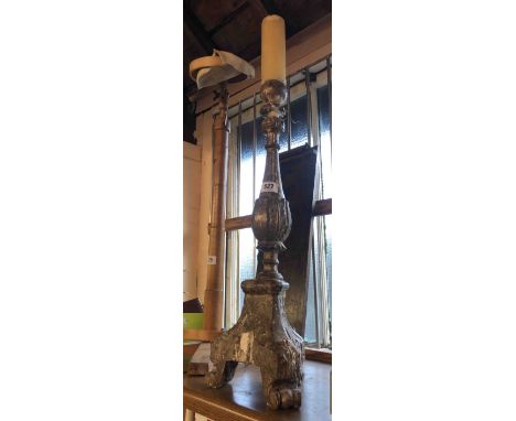 An old carved wood and gesso pricket candlestick - a/f