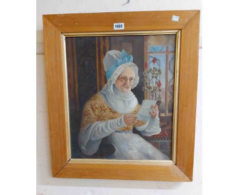 A pine framed and gilt lined oil on canvas portrait of an elderly lady seated and reading a letter