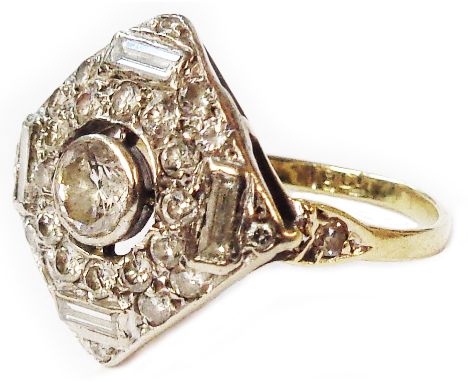 A marked 18ct 1920's design curved square panel ring with open collar set central diamond within a diamond encrusted border w